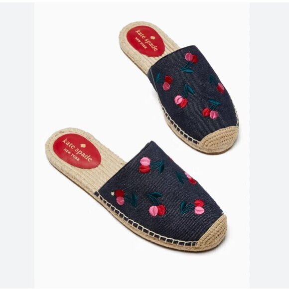 KATE SPADE NEW Rosie 2 Flat Mules Slides Shoes 9B NEW Denim Cherries - Picture 2 of 9